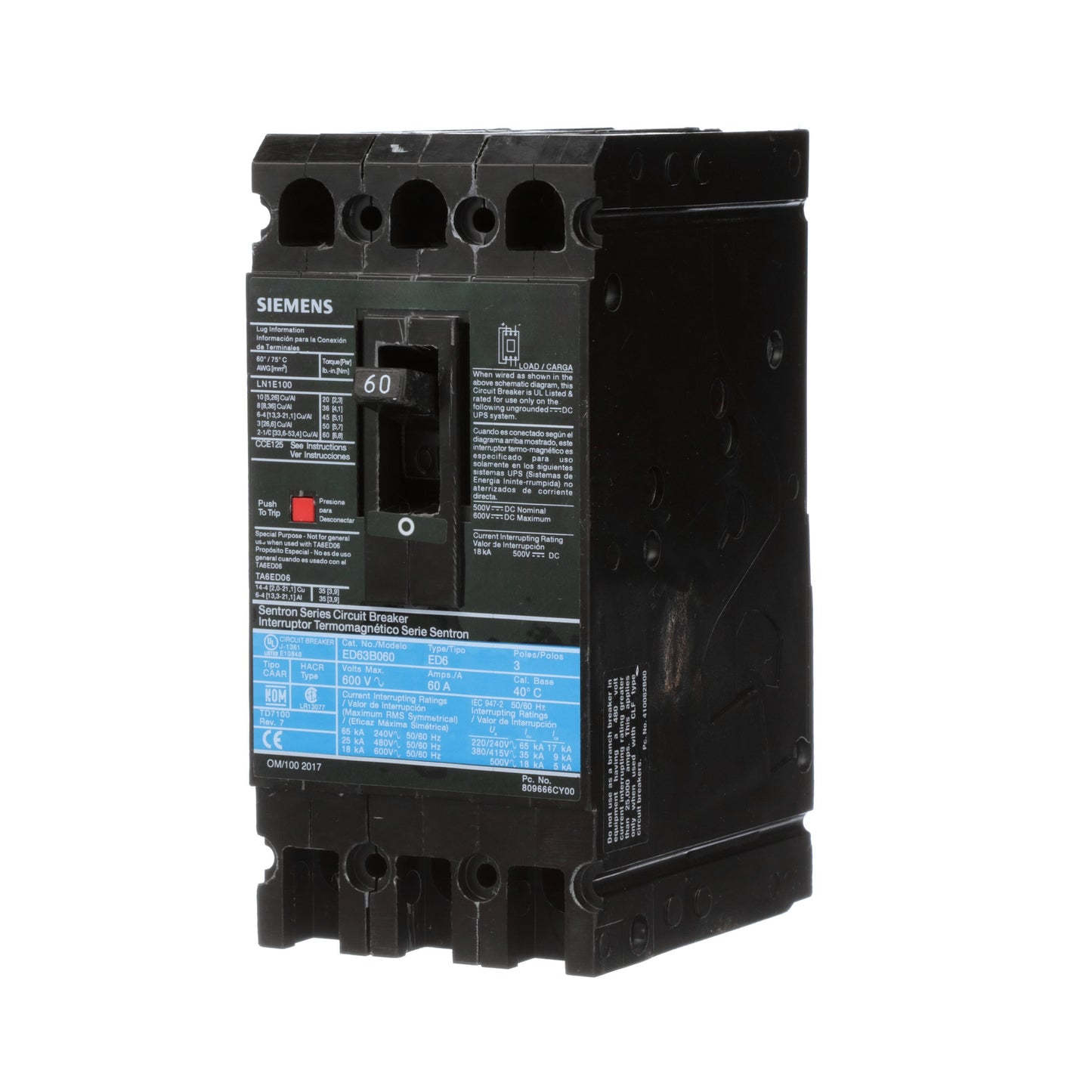 Siemens ED63B060L Circuit Breaker | 600V 60A 3P 25kA@480V Feed-Thru Sentron Series