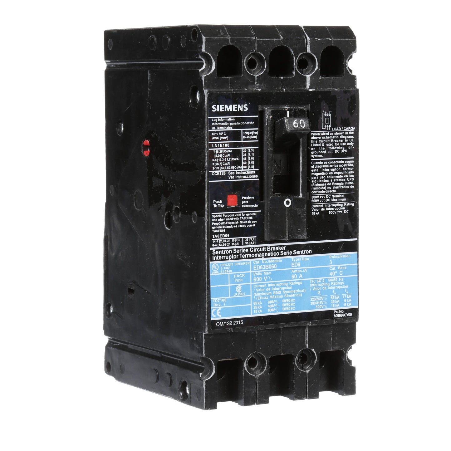 Siemens ED63B060 Molded Case Circuit Breaker | 600V 60A 3P 25kA@480V Bolt-On Sentron Series