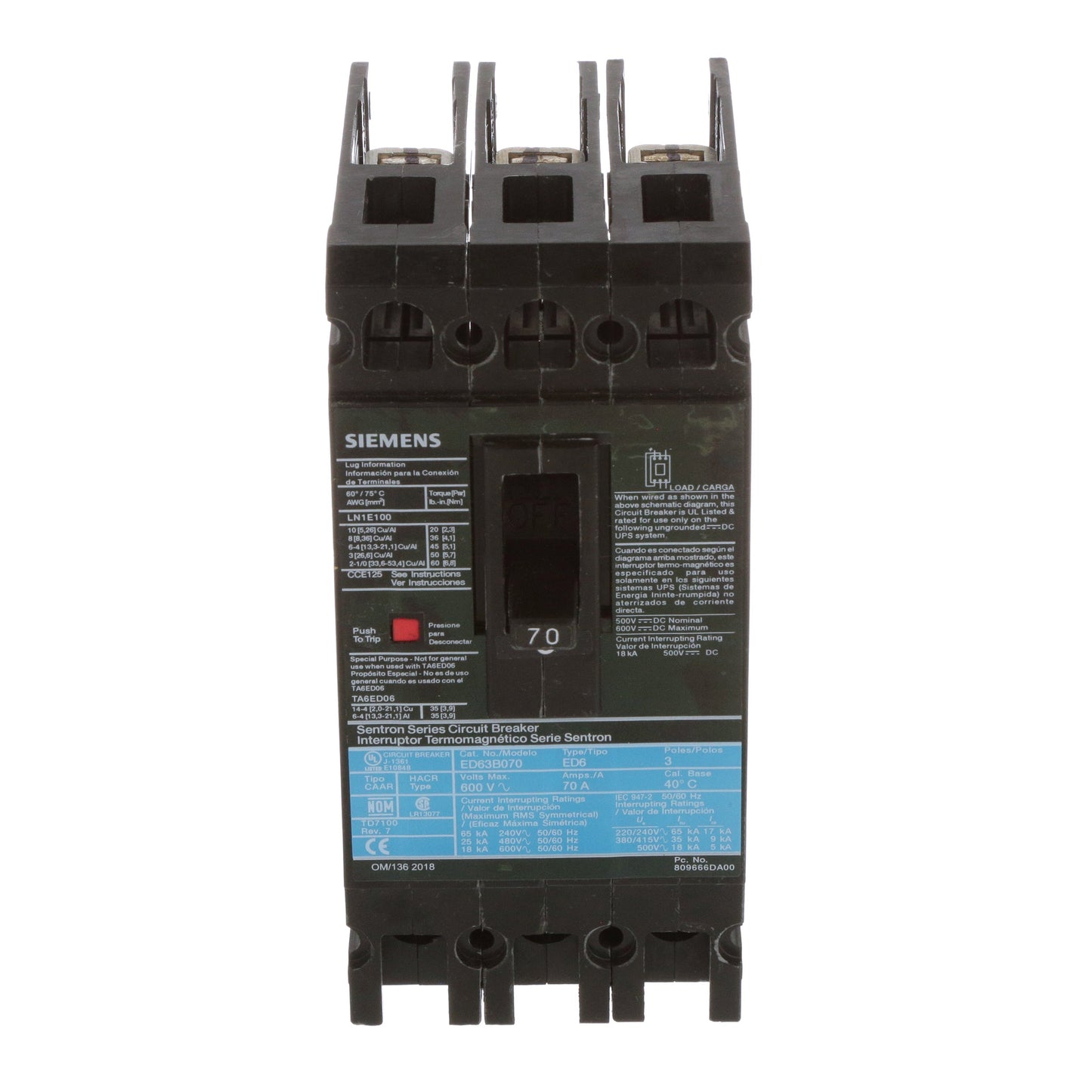 Siemens ED63B070L Circuit Breaker | Sentron Series ED 600V 70A
