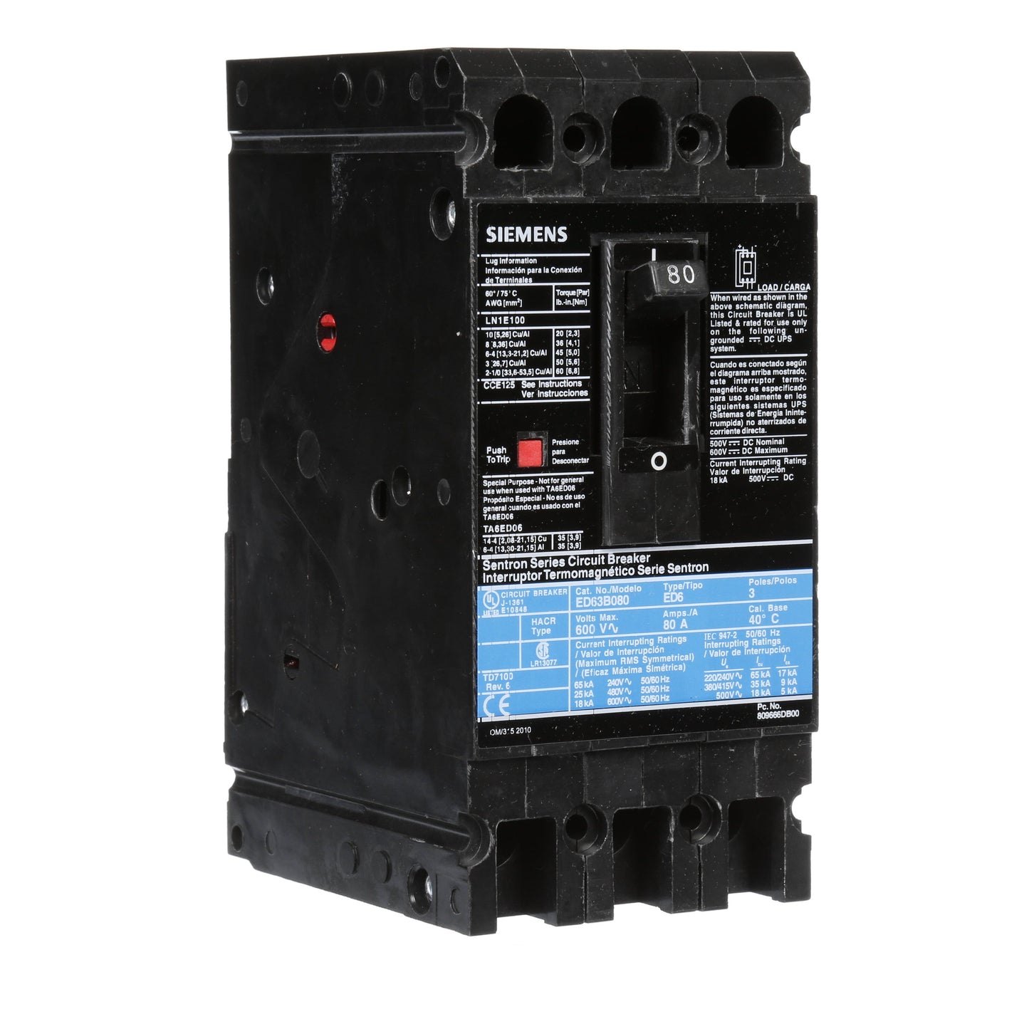 Siemens ED63B080L Circuit Breaker | 600V 80A 3P 25kA@480V Feed-Thru Sentron Series