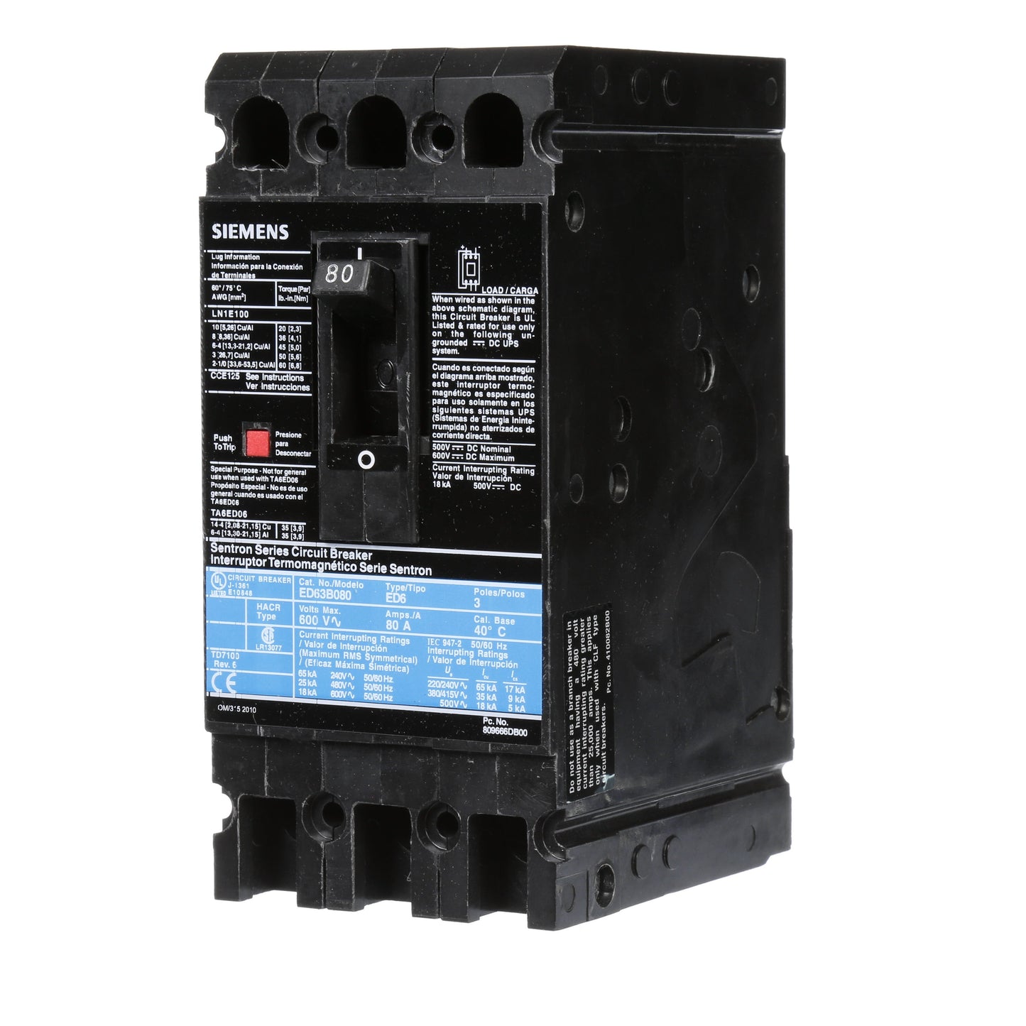 Siemens ED63B080L Circuit Breaker | 600V 80A 3P 25kA@480V Feed-Thru Sentron Series
