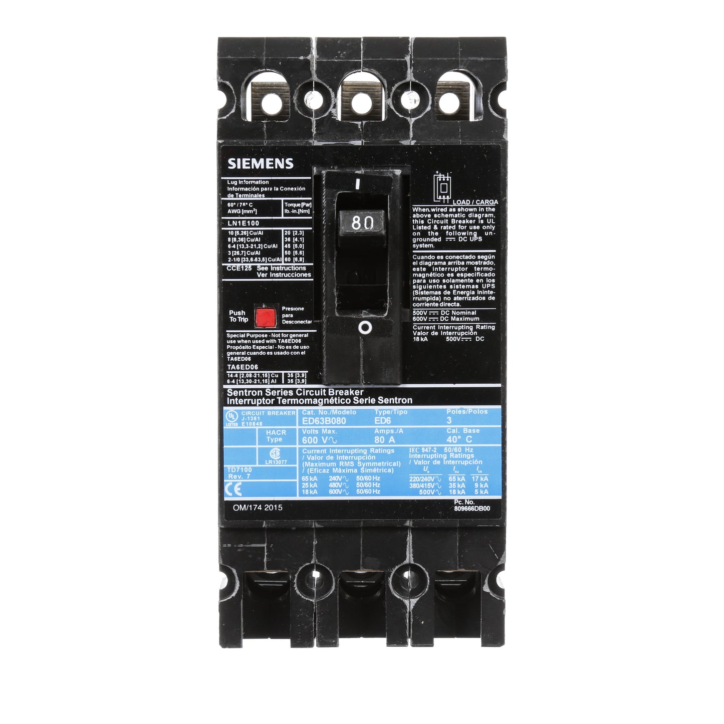 Siemens ED63B080 Molded Case Circuit Breaker | 600V 80A 3P 25kA@480V Bolt-On Sentron Series