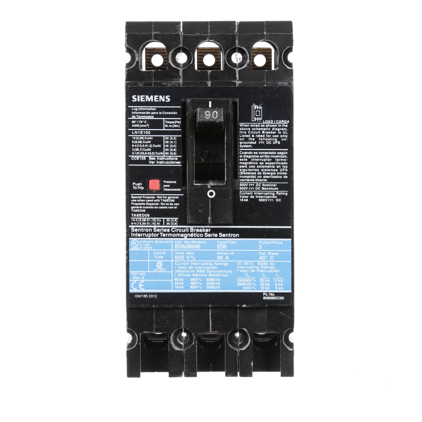 Siemens ED63B090 Molded Case Circuit Breaker | 600V 90A 3P 25kA@480V Bolt-On Sentron Series