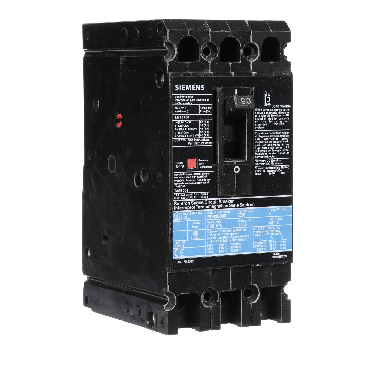 Siemens ED63B090 Molded Case Circuit Breaker | 600V 90A 3P 25kA@480V Bolt-On Sentron Series