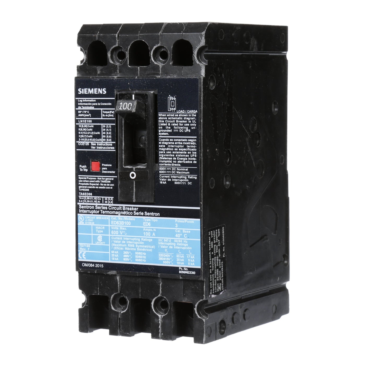 Siemens ED63B100L Circuit Breaker | 600V 100A 3P 25kA@480V Feed-Thru Sentron Series