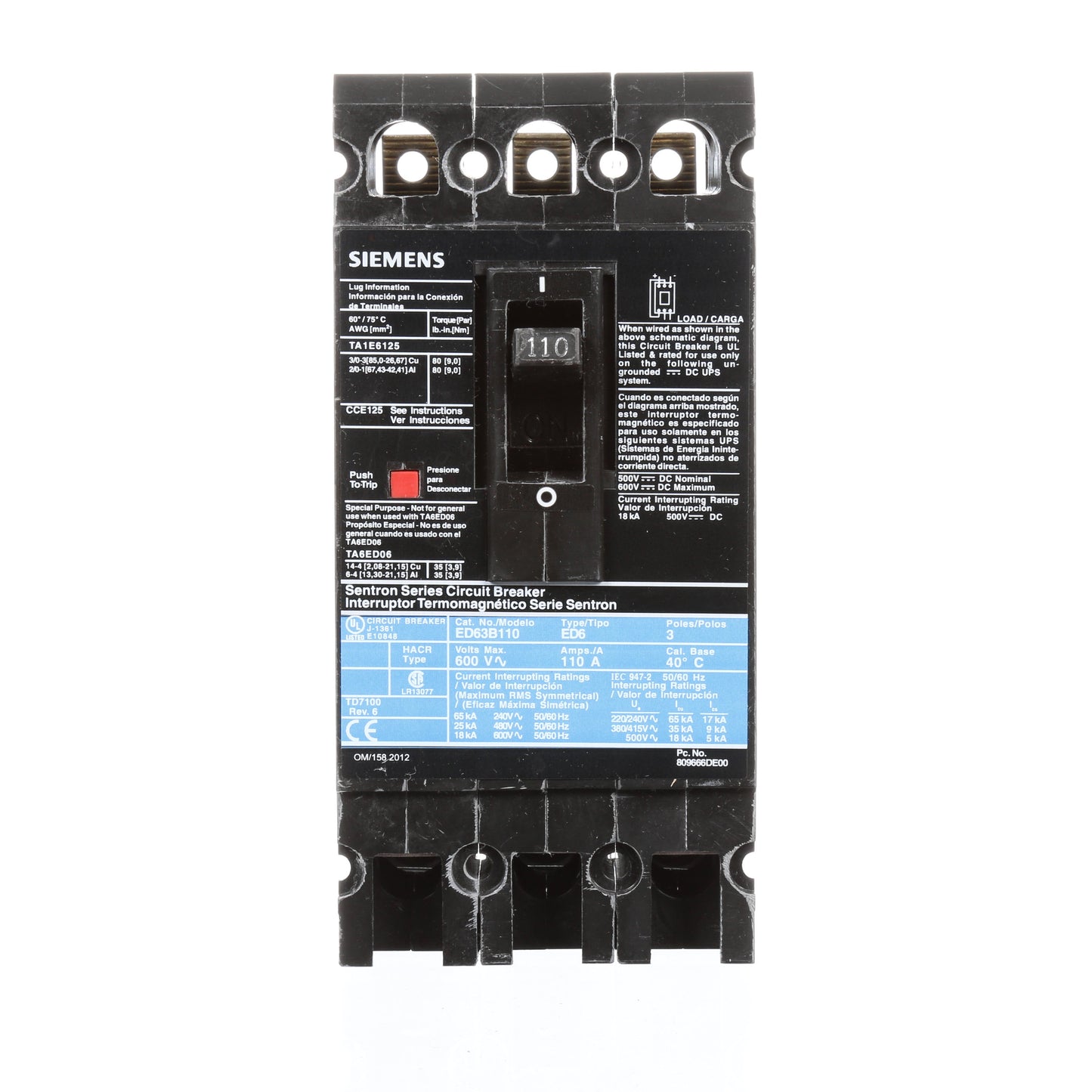 Siemens ED63B110 Circuit Breaker | 600V 110A 3P 25kA@480V Bolt-On Sentron Series