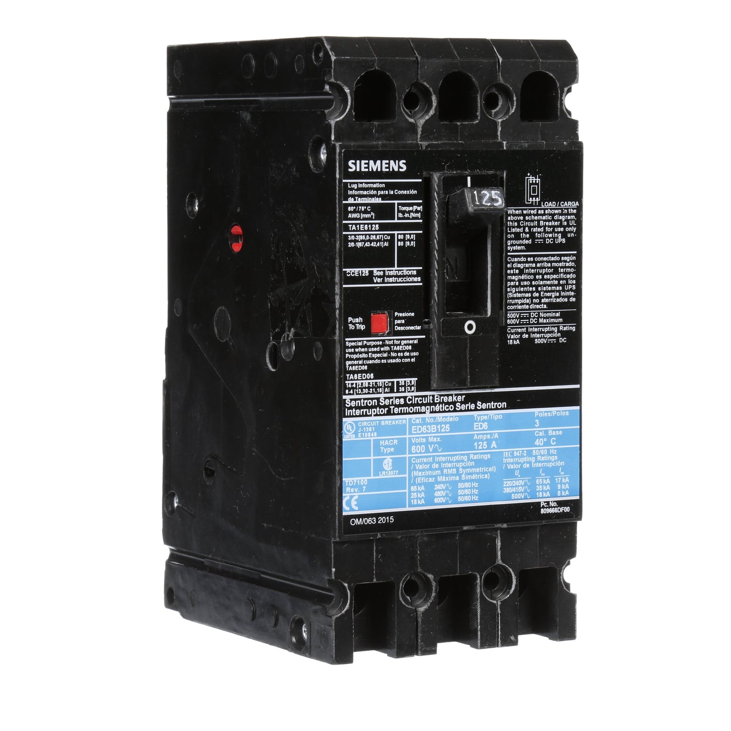 Siemens ED63B125 Circuit Breaker | 600V 125A 3P 25kA@480V Bolt-On Sentron Series