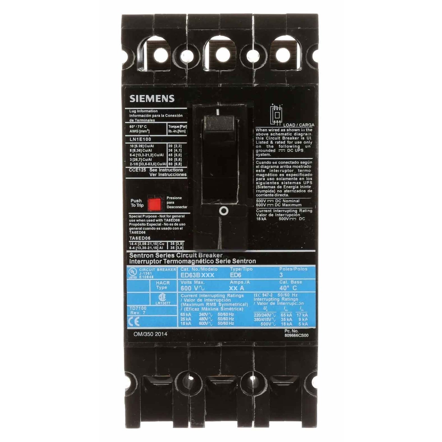 Siemens ED63B030L Circuit Breaker | 600V 30A 3P 25kA@480V Feed-Thru Sentron Series