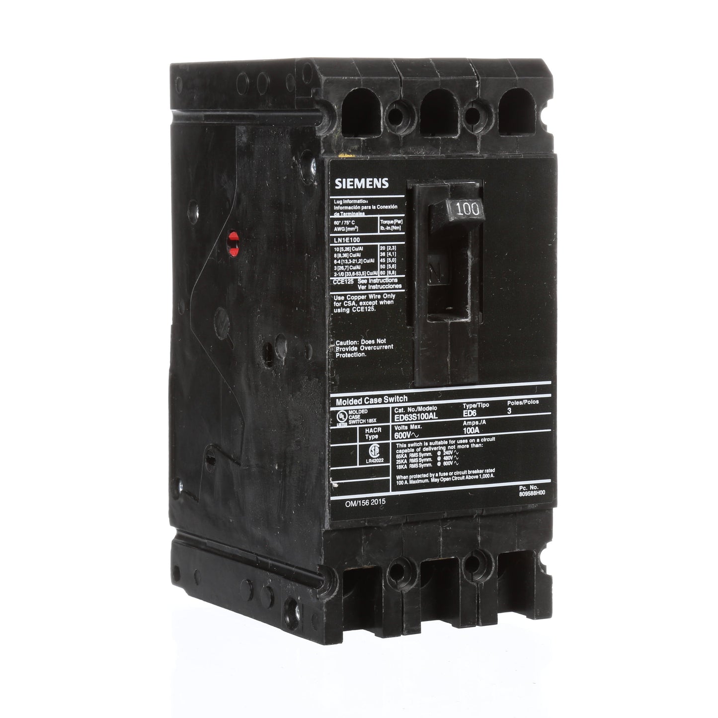 Siemens ED63S100AL Circuit Breaker | 600V 100A 3P 25kA@480V Feed-Thru Sentron Series