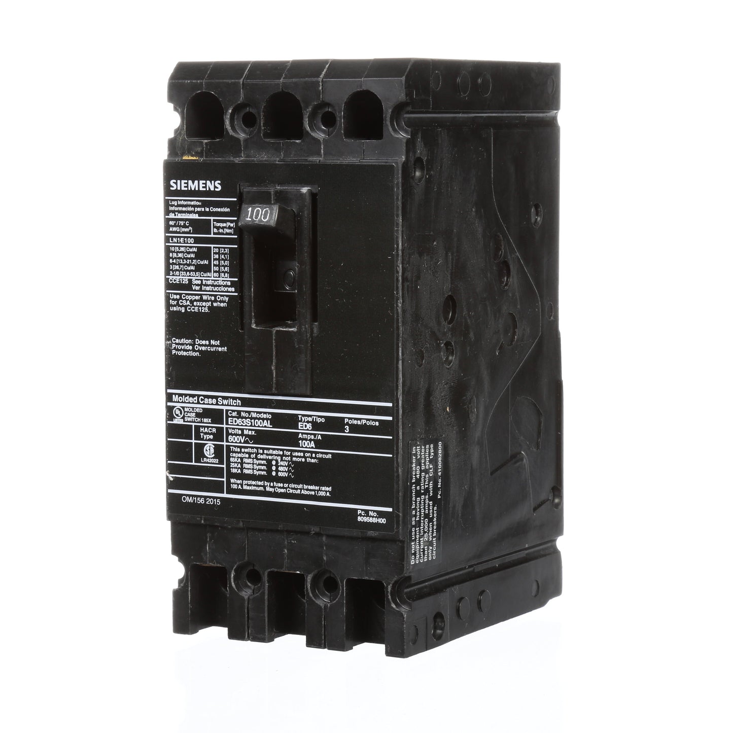 Siemens ED63S100AL Circuit Breaker | 600V 100A 3P 25kA@480V Feed-Thru Sentron Series