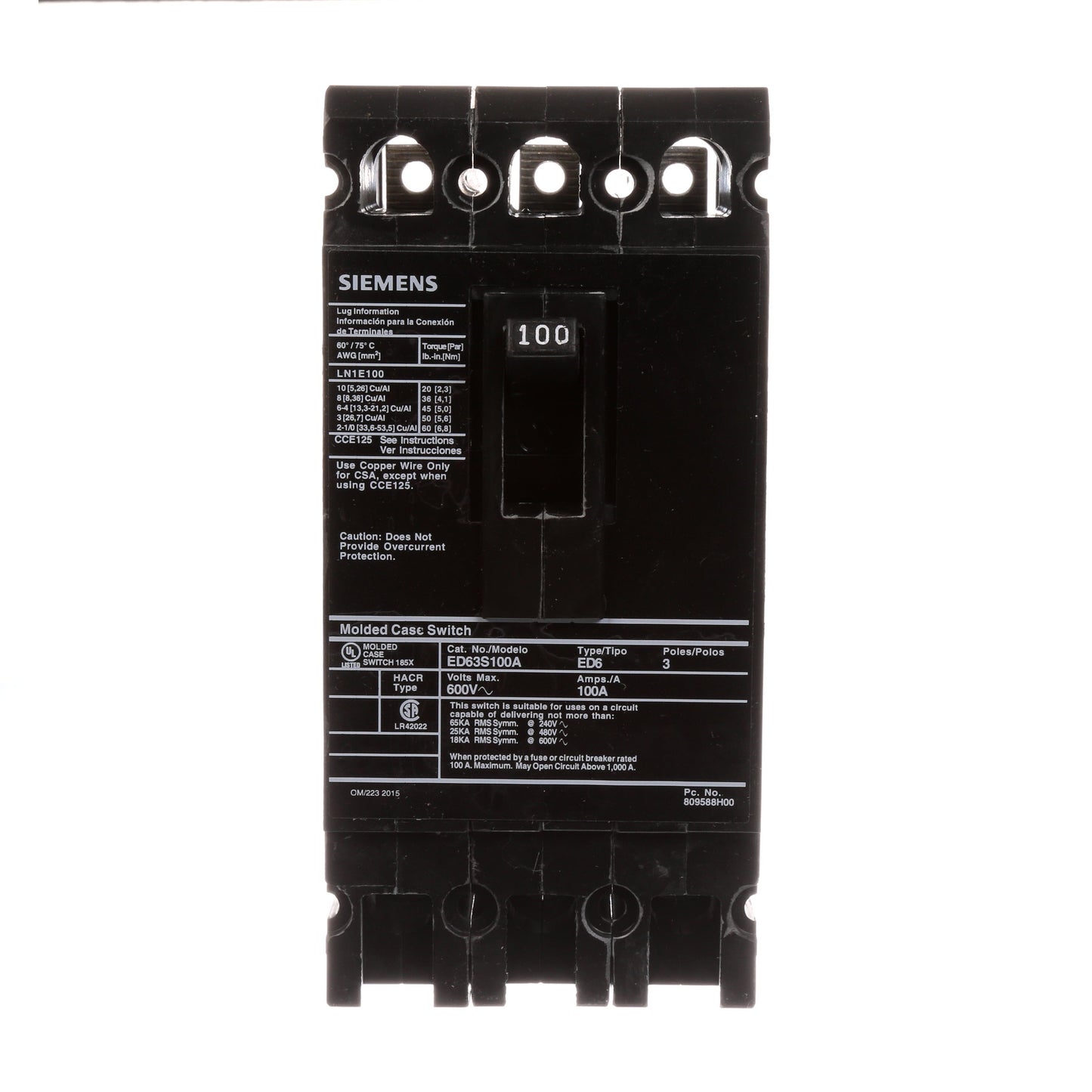 Siemens ED63S100A Circuit Breaker | 600V 100A 3P 25kA@480V Bolt-On Sentron Series