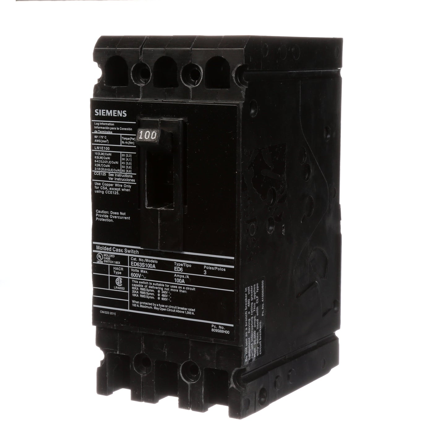Siemens ED63S100A Circuit Breaker | 600V 100A 3P 25kA@480V Bolt-On Sentron Series