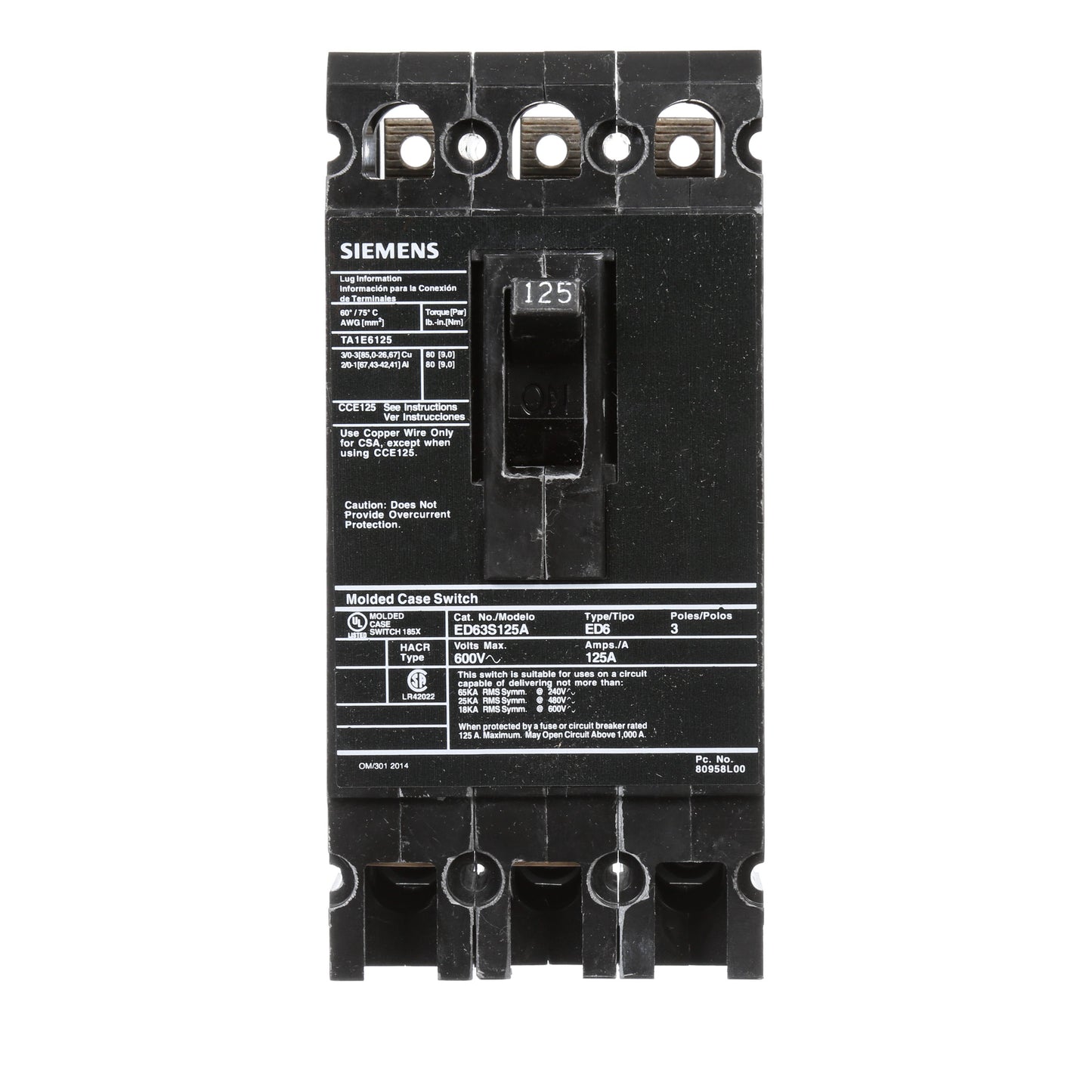 Siemens ED63S125A Circuit Breaker | 600V 125A 3P 25kA@480V Bolt-On Sentron Series