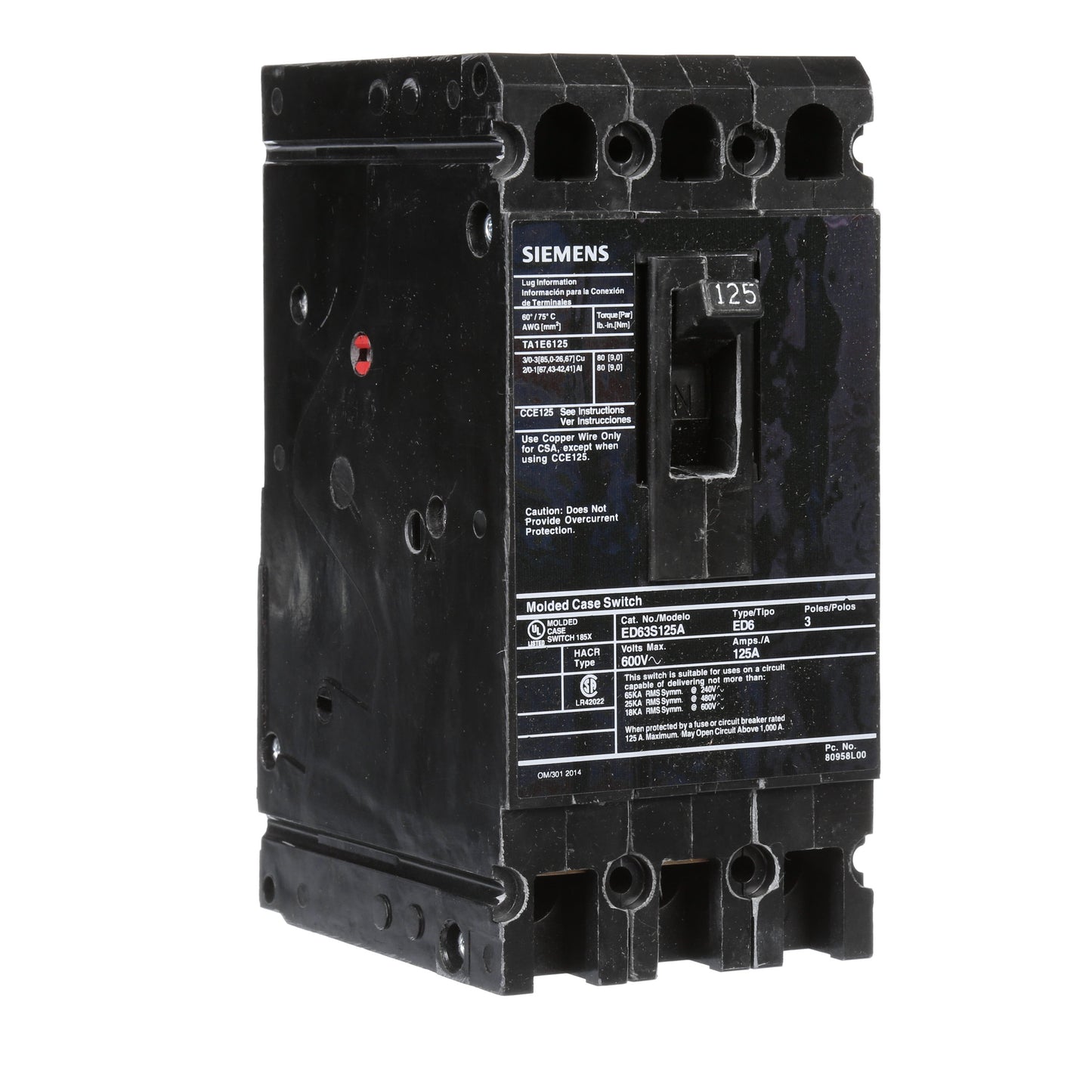Siemens ED63S125A Circuit Breaker | 600V 125A 3P 25kA@480V Bolt-On Sentron Series