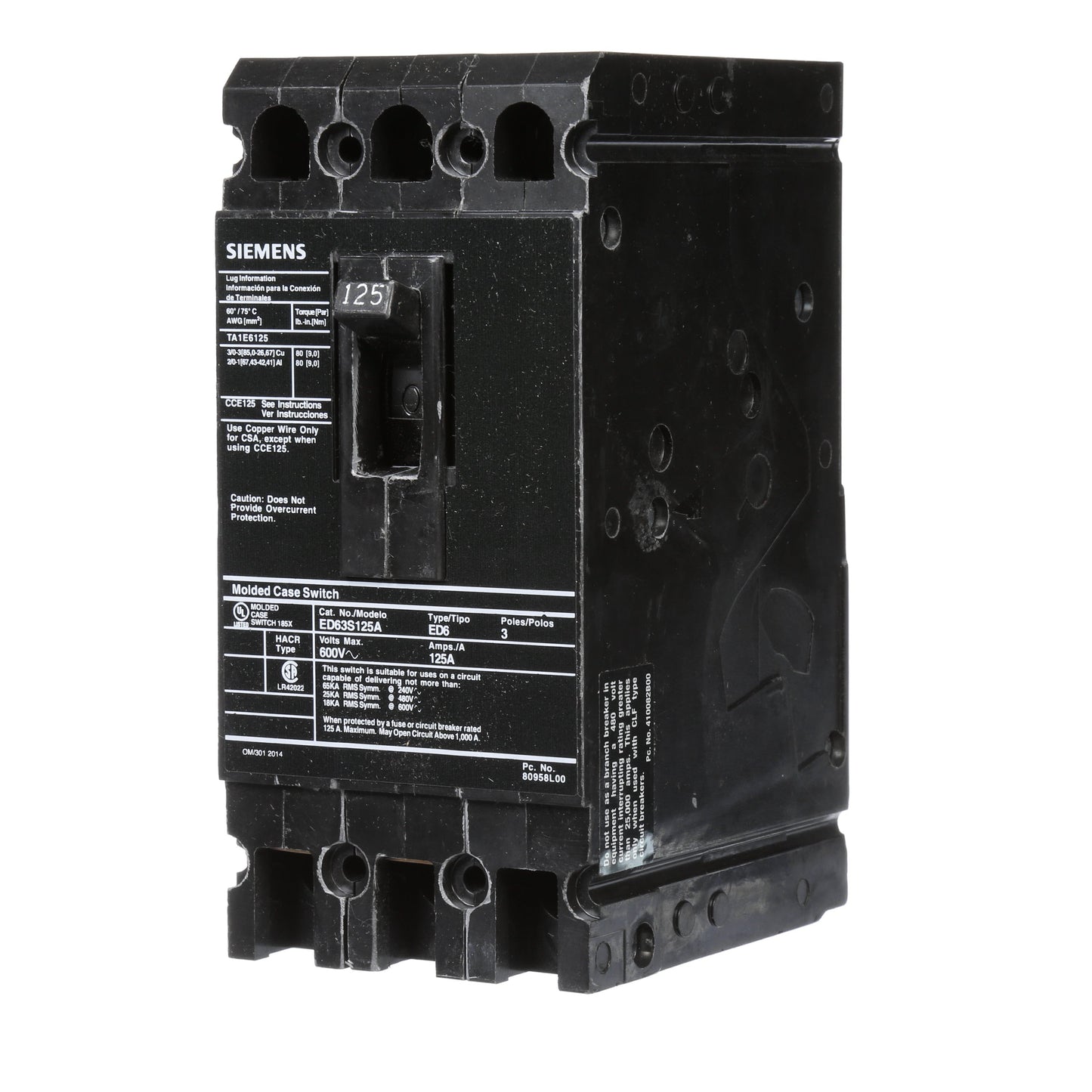 Siemens ED63S125A Circuit Breaker | 600V 125A 3P 25kA@480V Bolt-On Sentron Series