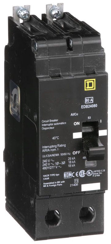 EDB24080 - Square D/ Schneider Electric Bolt-On 80 Amp 2 Pole Circuit Breaker - Essential Electric Supply