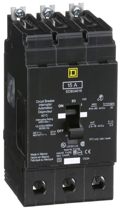 EDB34015 - Schneider Electric/ Square D Bolt-On 15 Amp 3 Pole Circuit Breaker - Essential Electric Supply