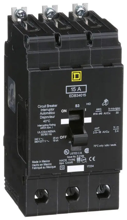 EDB34015 - Schneider Electric/ Square D Bolt-On 15 Amp 3 Pole Circuit Breaker - Essential Electric Supply