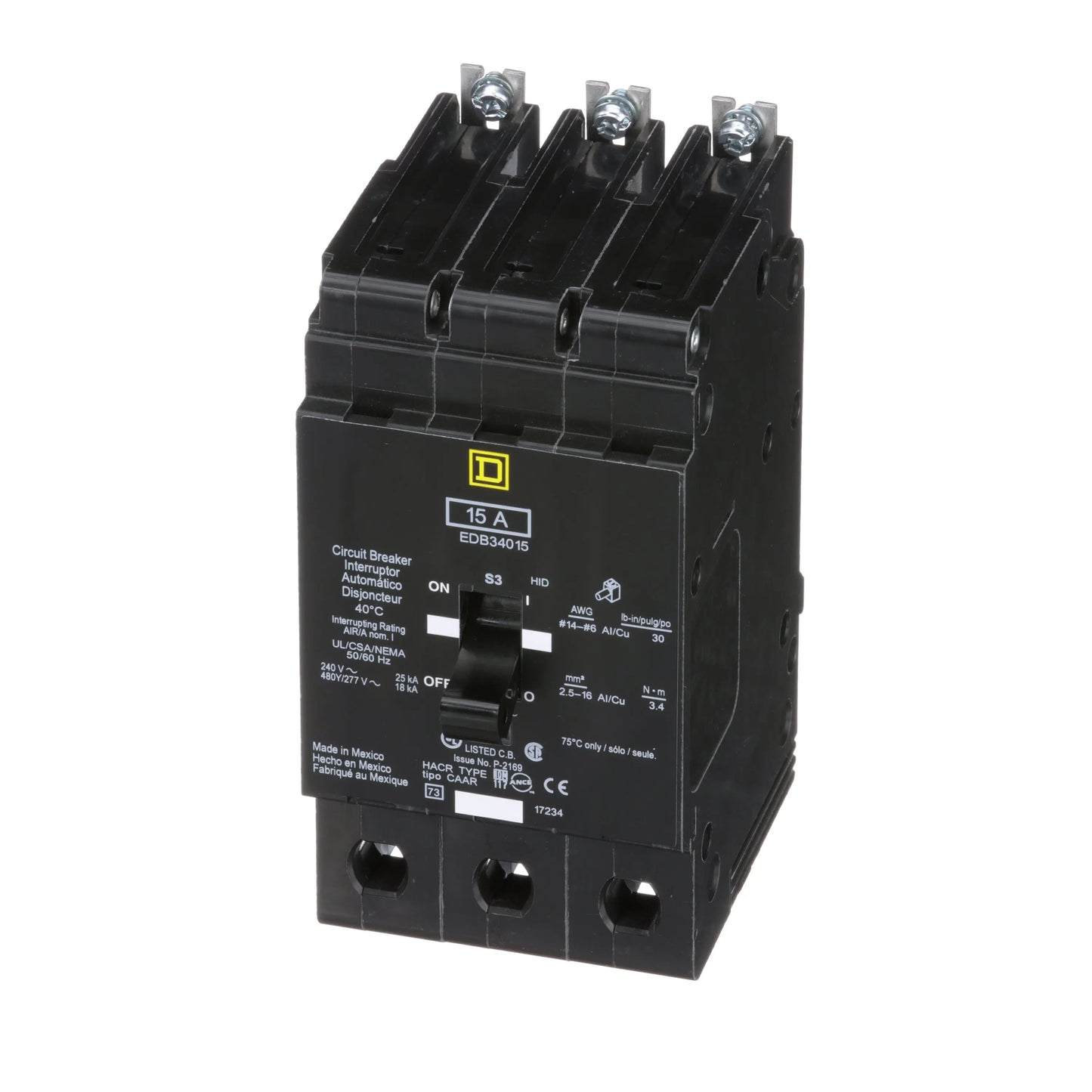 Square D EDB34015 Circuit Breaker | 480Y/277V 15A 3P 18kA@480V Bolt-On EDB Series Square D