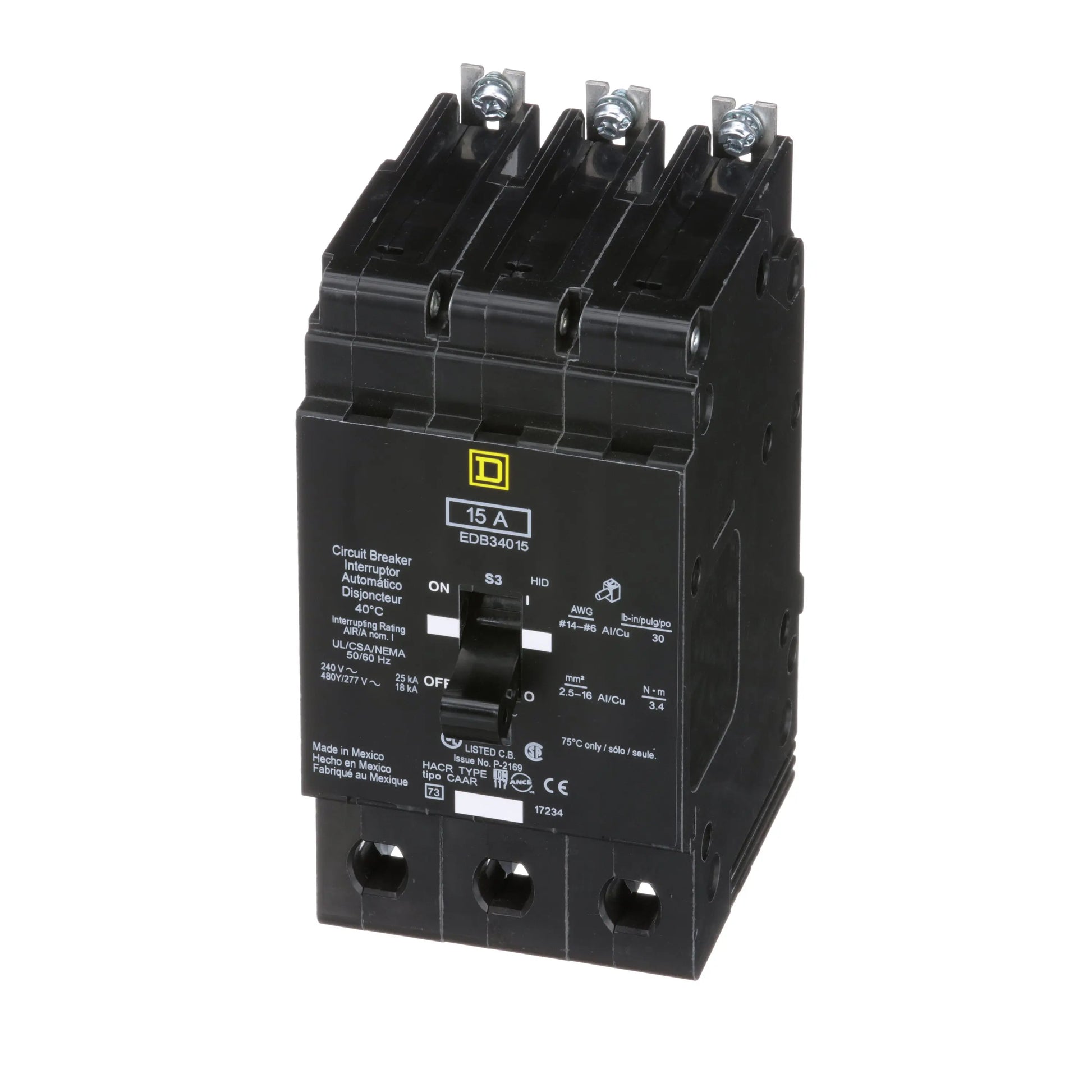 Square D EDB34015 Circuit Breaker | 480Y/277V 15A 3P 18kA@480V Bolt-On EDB Series Square D