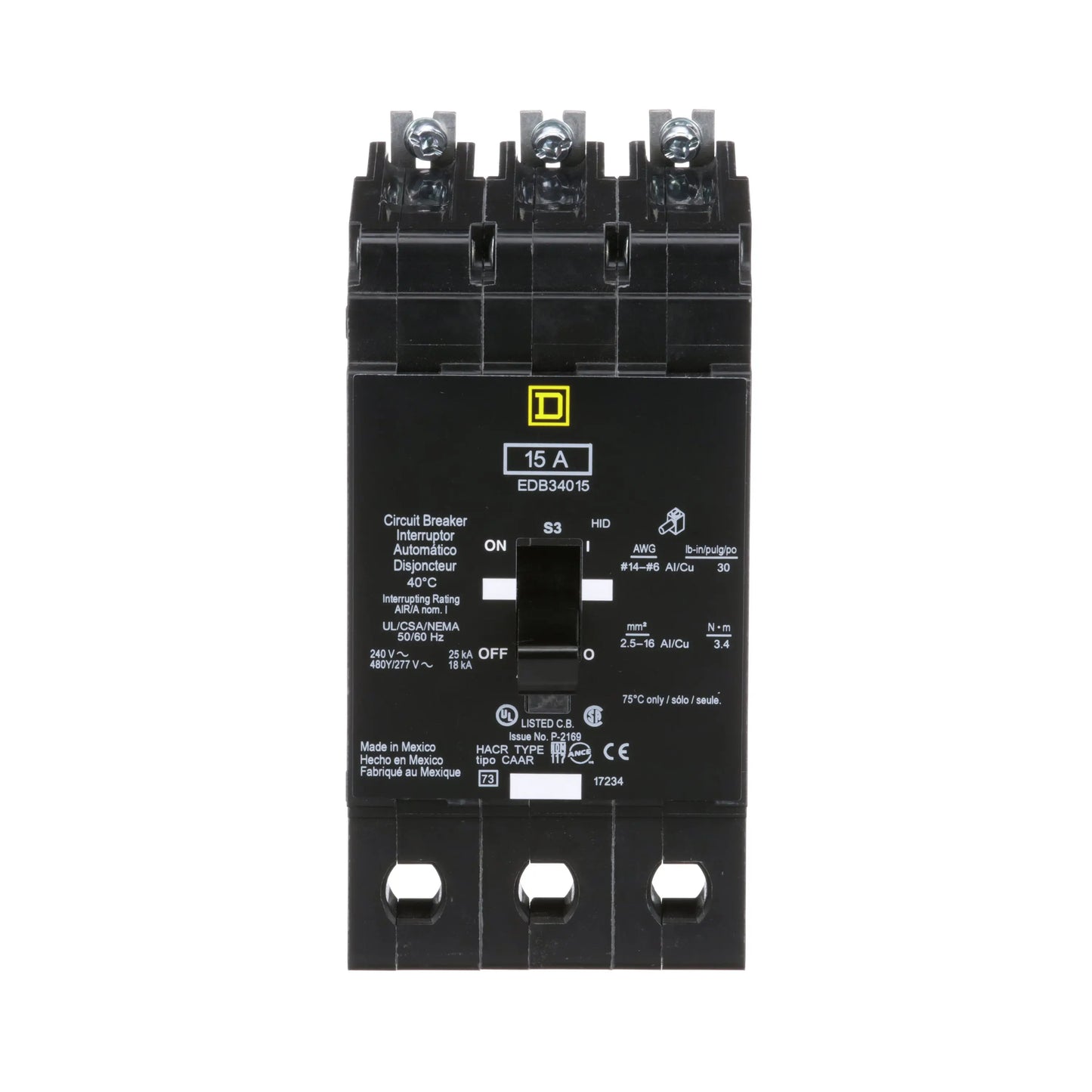 Square D EDB34015 Circuit Breaker | 480Y/277V 15A 3P 18kA@480V Bolt-On EDB Series Square D