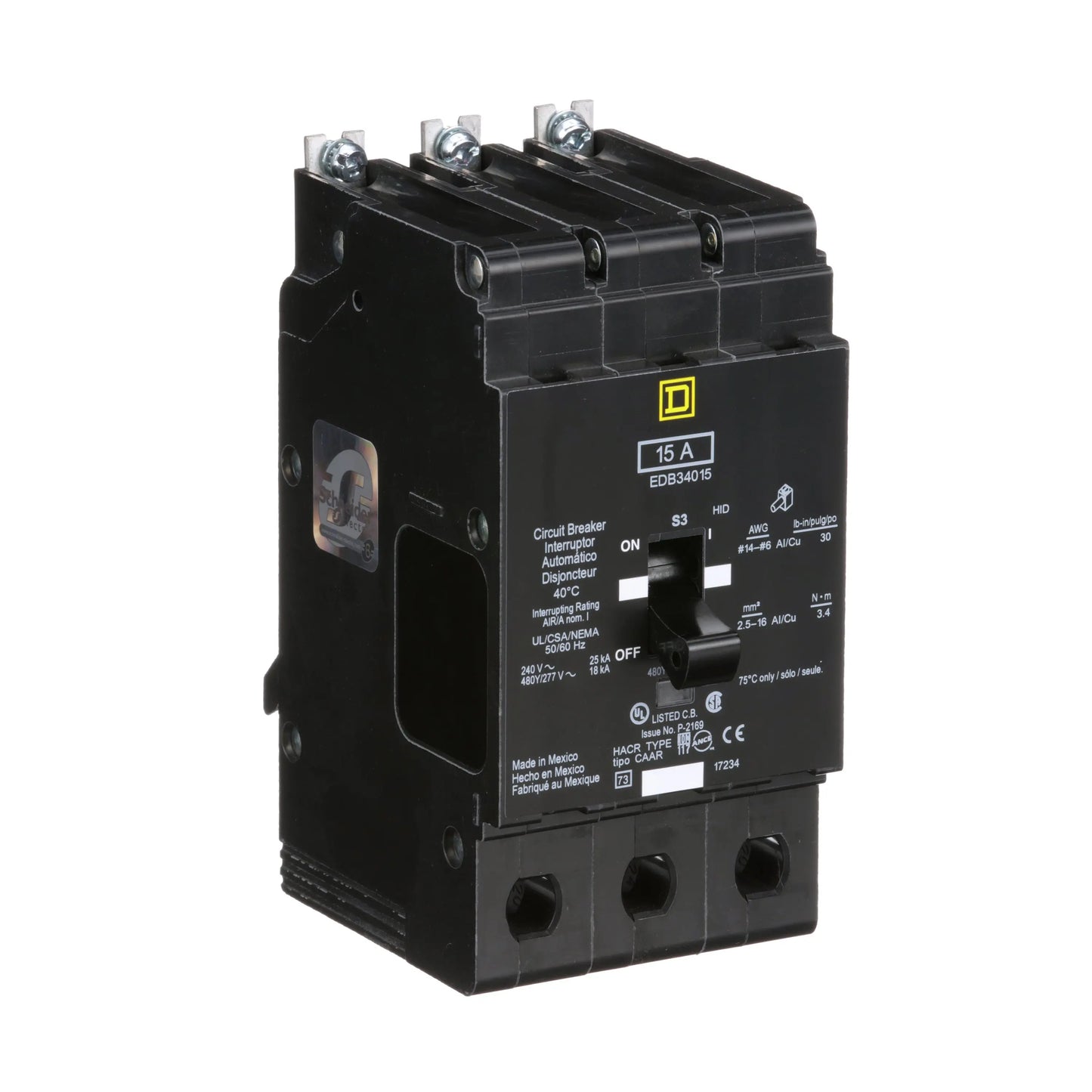Square D EDB34015 Circuit Breaker | 480Y/277V 15A 3P 18kA@480V Bolt-On EDB Series Square D