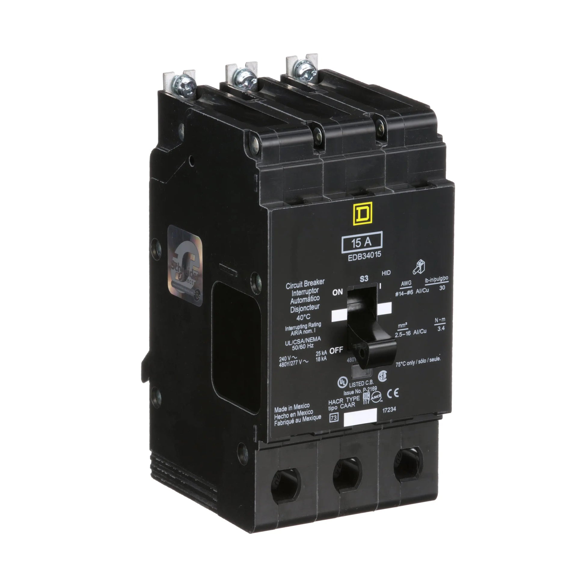 Square D EDB34015 Circuit Breaker | 480Y/277V 15A 3P 18kA@480V Bolt-On EDB Series Square D