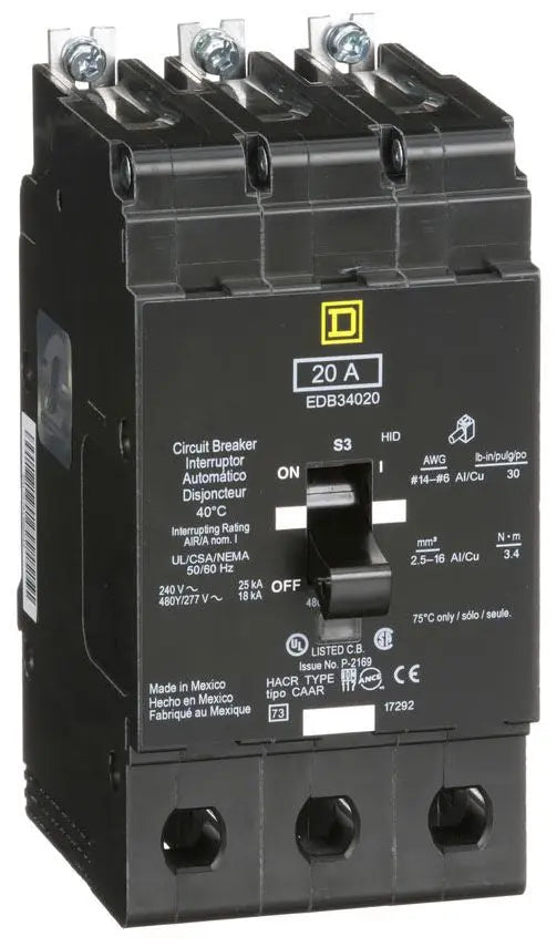 EDB34020 - Schneider Electric/ Square D Bolt-On 20 Amp 3 Pole Circuit Breaker - Essential Electric Supply
