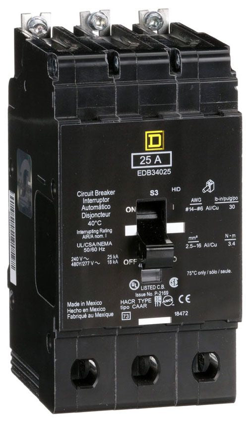 EDB34025 - Schneider Electric/ Square D Bolt-On 25 Amp 3 Pole Circuit Breaker - Essential Electric Supply