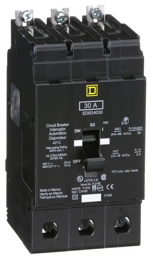 EDB34030 - Square D/ Schneider Electric Bolt-On 30 Amp 3 Pole Circuit Breaker - Essential Electric Supply
