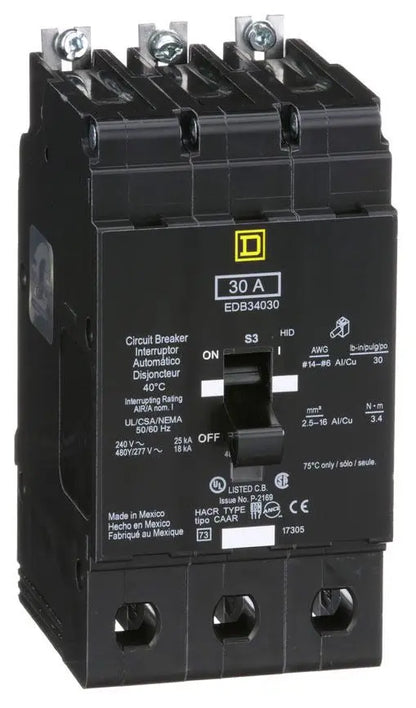 EDB34030 - Square D/ Schneider Electric Bolt-On 30 Amp 3 Pole Circuit Breaker - Essential Electric Supply