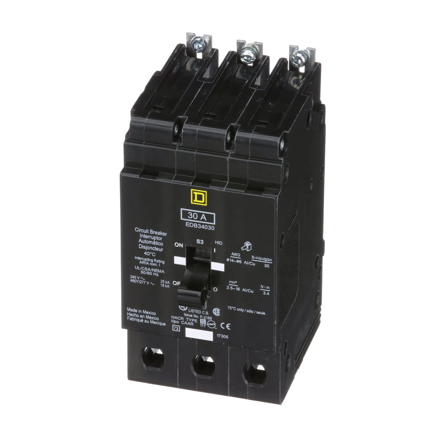 Square D EDB34030 Circuit Breaker | 480Y/277V 30A 3P 18kA@480V Bolt-on EDB Series Square D