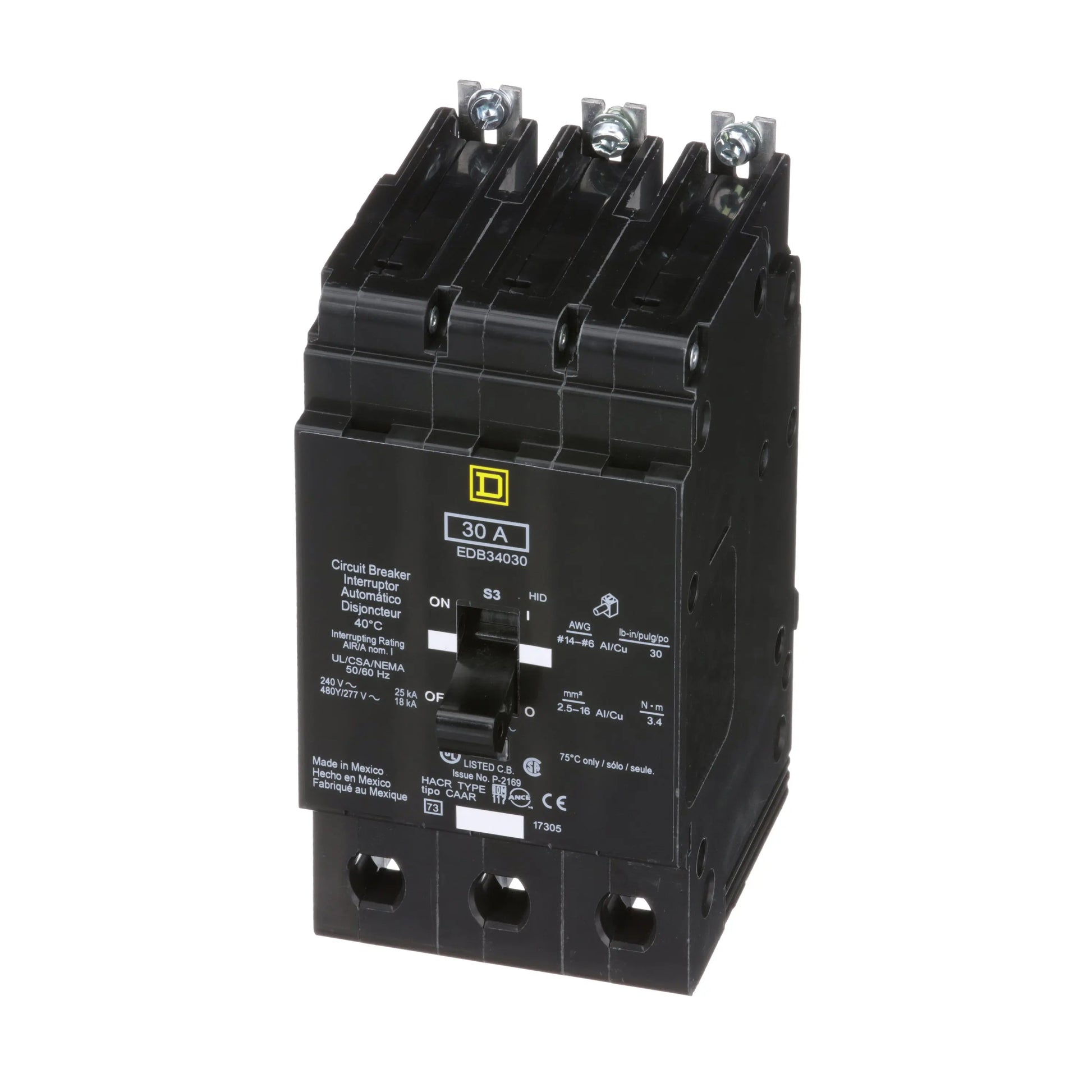 Square D EDB34030 Circuit Breaker | 480Y/277V 30A 3P 18kA@480V Bolt-on EDB Series Square D
