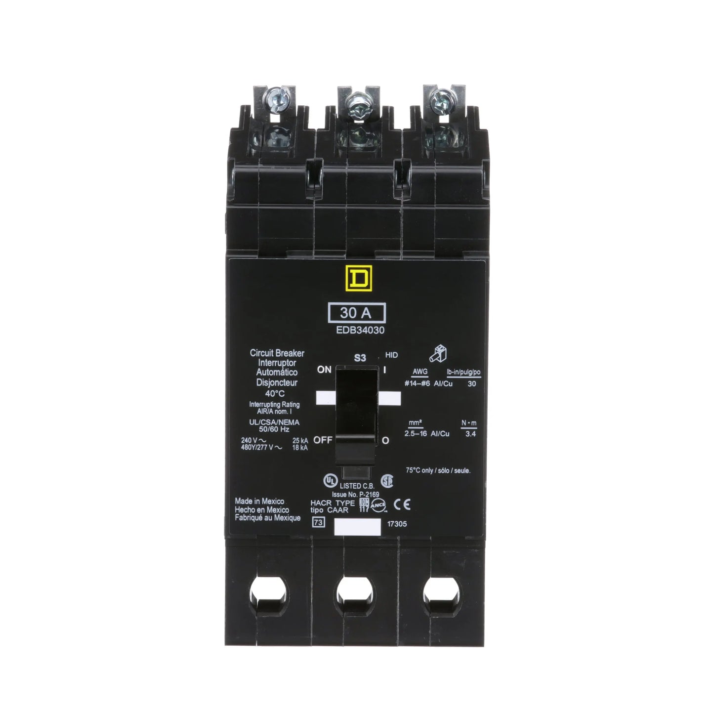 Square D EDB34030 Circuit Breaker | 480Y/277V 30A 3P 18kA@480V Bolt-on EDB Series Square D