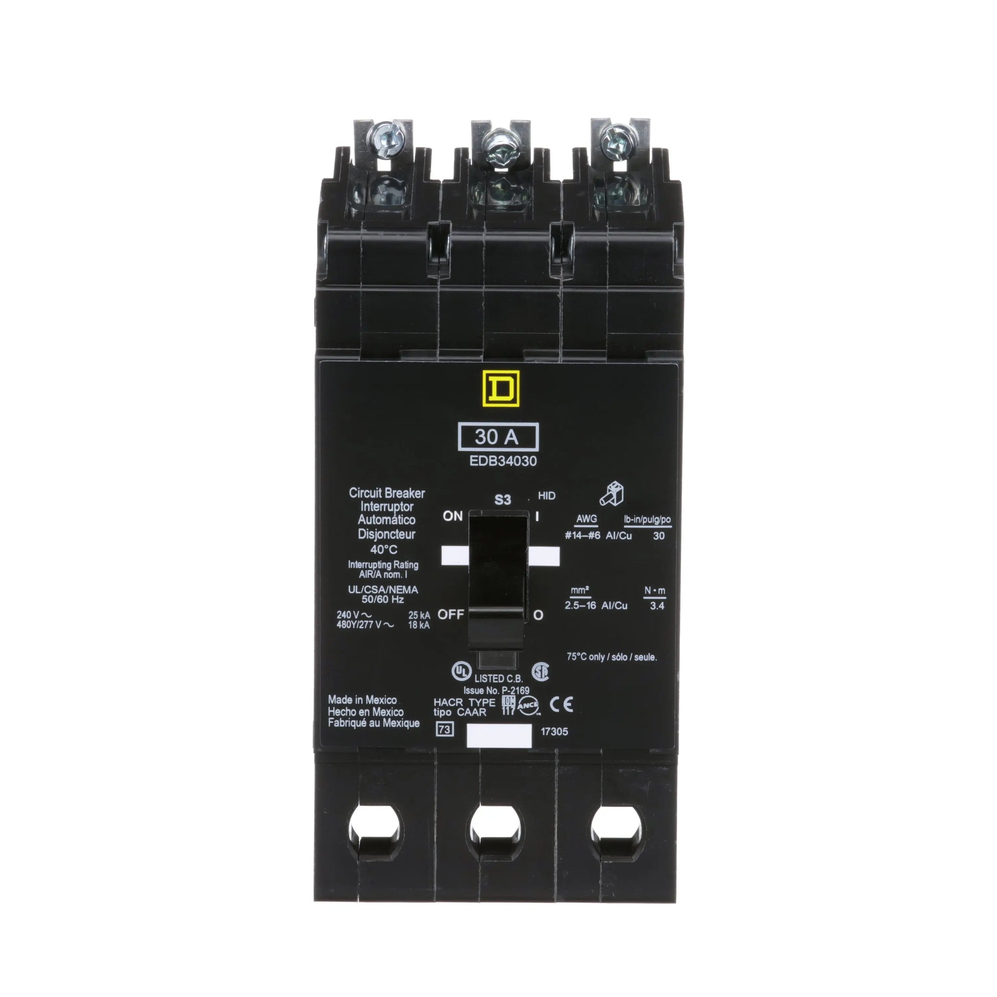 Square D EDB34030 Circuit Breaker | 480Y/277V 30A 3P 18kA@480V Bolt-on EDB Series Square D
