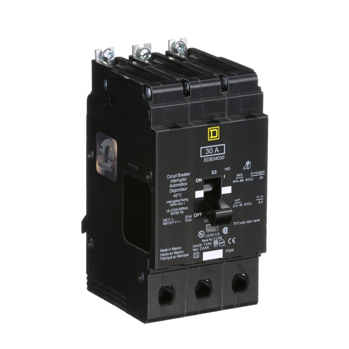 Square D EDB34030 Circuit Breaker | 480Y/277V 30A 3P 18kA@480V Bolt-on EDB Series Square D