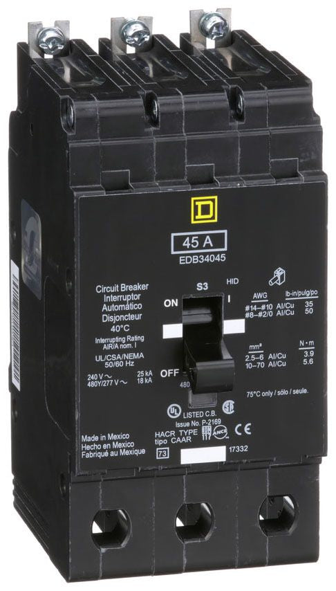 EDB34045 - Square D/ Schneider Electric Bolt-On 45 Amp 3 Pole Circuit Breaker - Essential Electric Supply