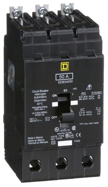 EDB34050 - Square D/ Schneider Electric Bolt-On 50 Amp 3 Pole Circuit Breaker - Essential Electric Supply
