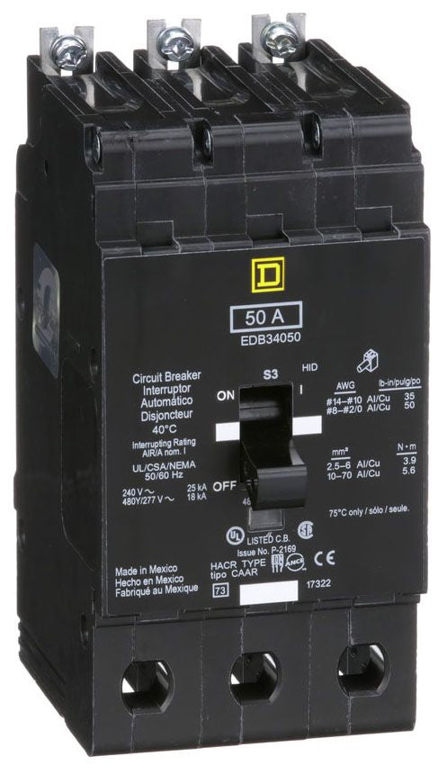 EDB34050 - Square D/ Schneider Electric Bolt-On 50 Amp 3 Pole Circuit Breaker - Essential Electric Supply
