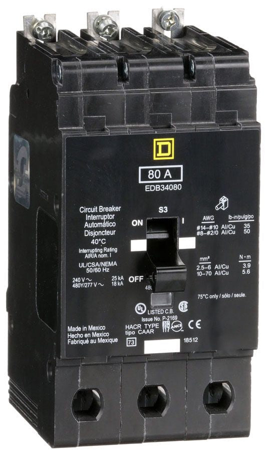 EDB34080 - Schneider Electric/ Square D Bolt-On 80 Amp 3 Pole Circuit Breaker - Essential Electric Supply