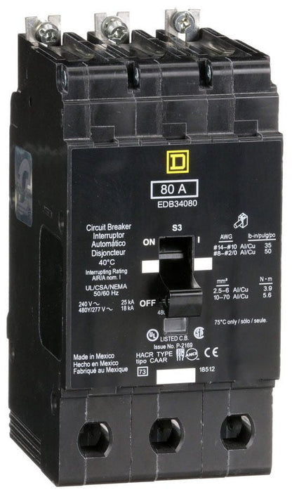 EDB34080 - Schneider Electric/ Square D Bolt-On 80 Amp 3 Pole Circuit Breaker - Essential Electric Supply