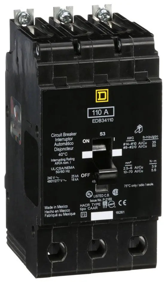 EDB34110 - Square D/ Schneider Electric Bolt-On 110 Amp 3 Pole Circuit Breaker - Essential Electric Supply