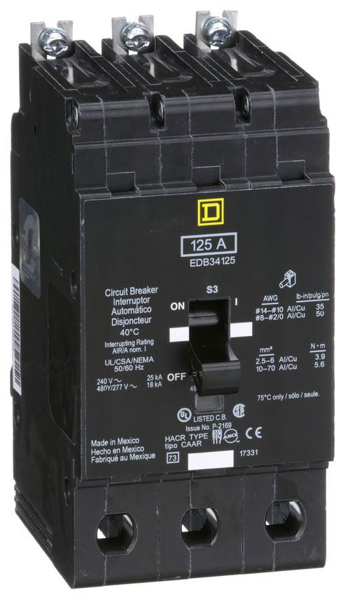 EDB34125 - Square D/ Schneider Electric Bolt-On 125 Amp 3 Pole Circuit Breaker - Essential Electric Supply