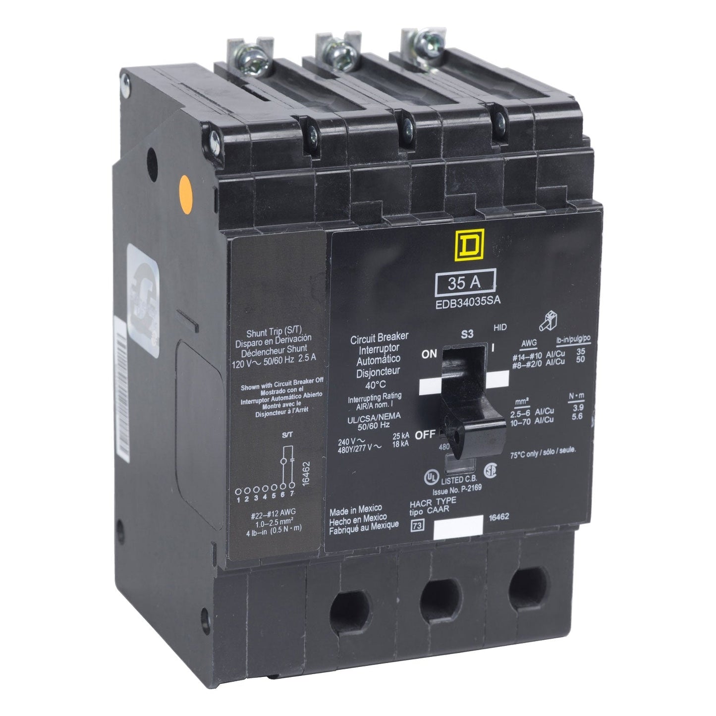 Square D EDB34125AABASA Molded Case Circuit Breaker | 480V 125A 3P 18kA@480V Bolt-On EDB Series