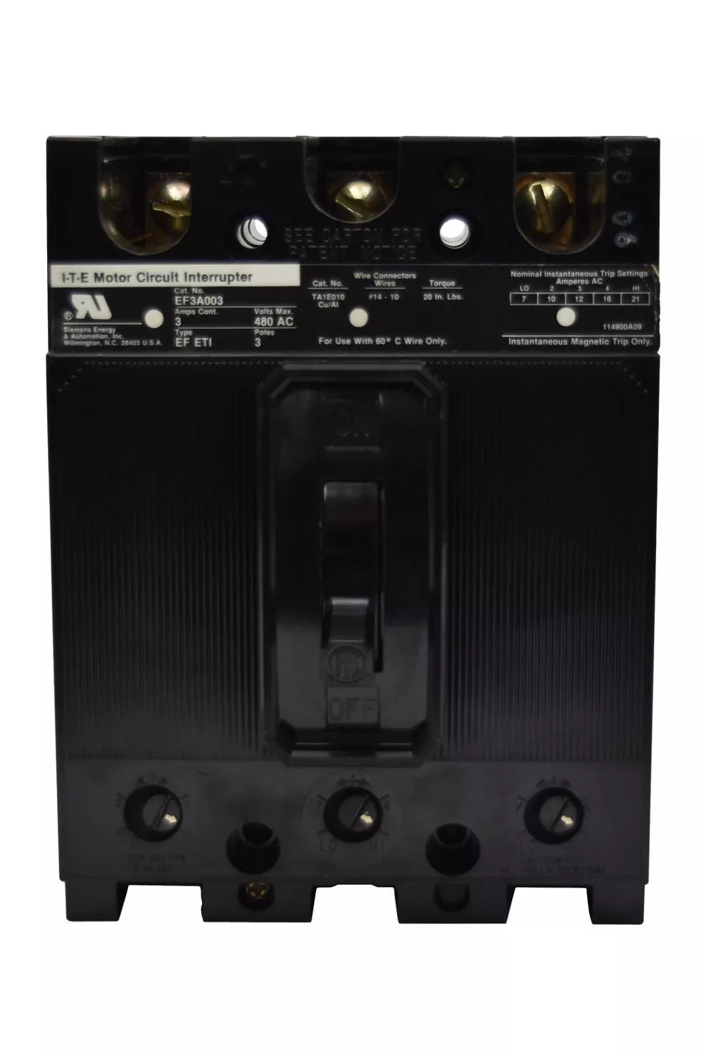 Siemens EF3B015 Molded Case Circuit Breaker | 600V 15A 3P 14kA@480V Bolt-On EF Series