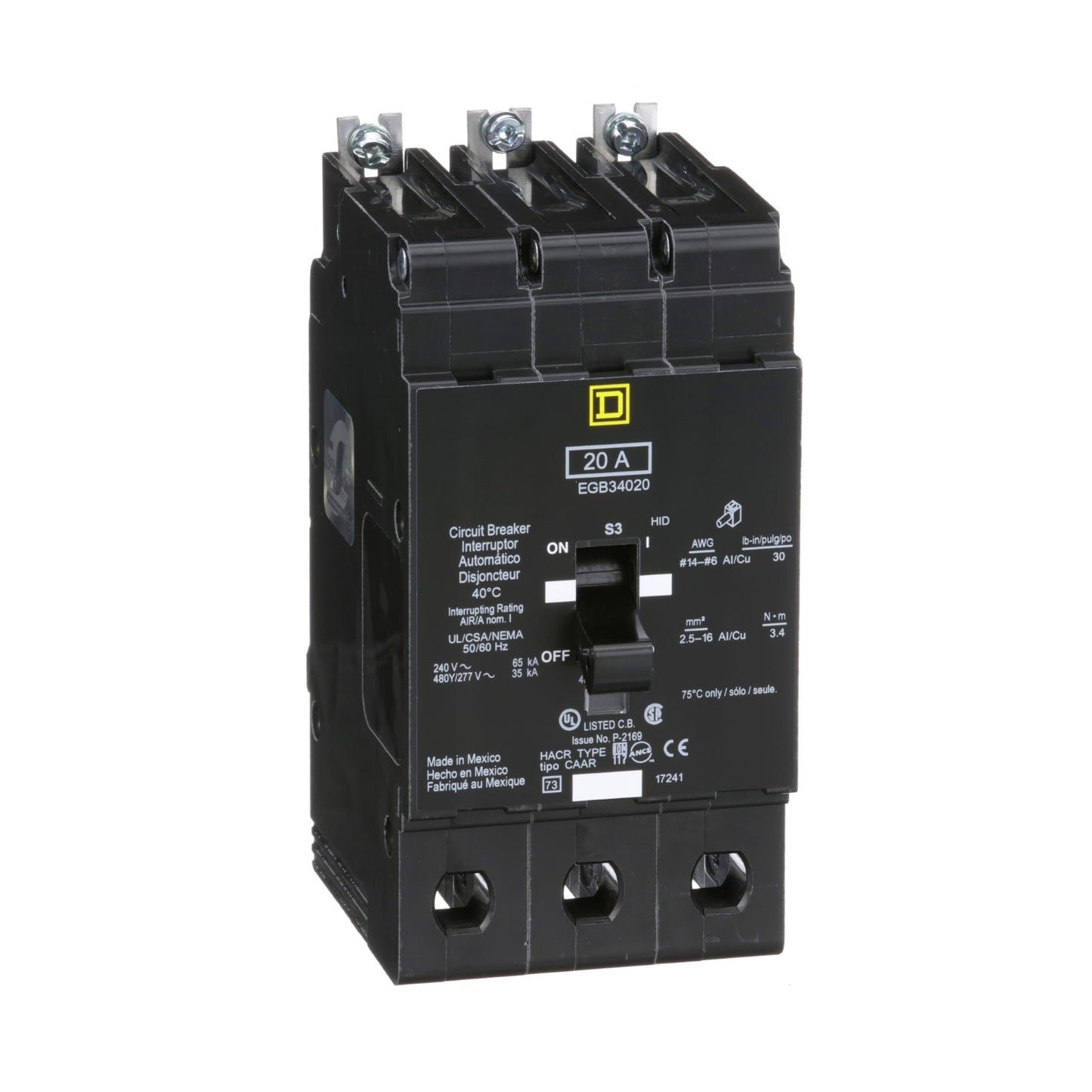 EGB34020LH - Square D Bolt-On 480V 20A 3 pole circuit breaker - Essential Electric Supply
