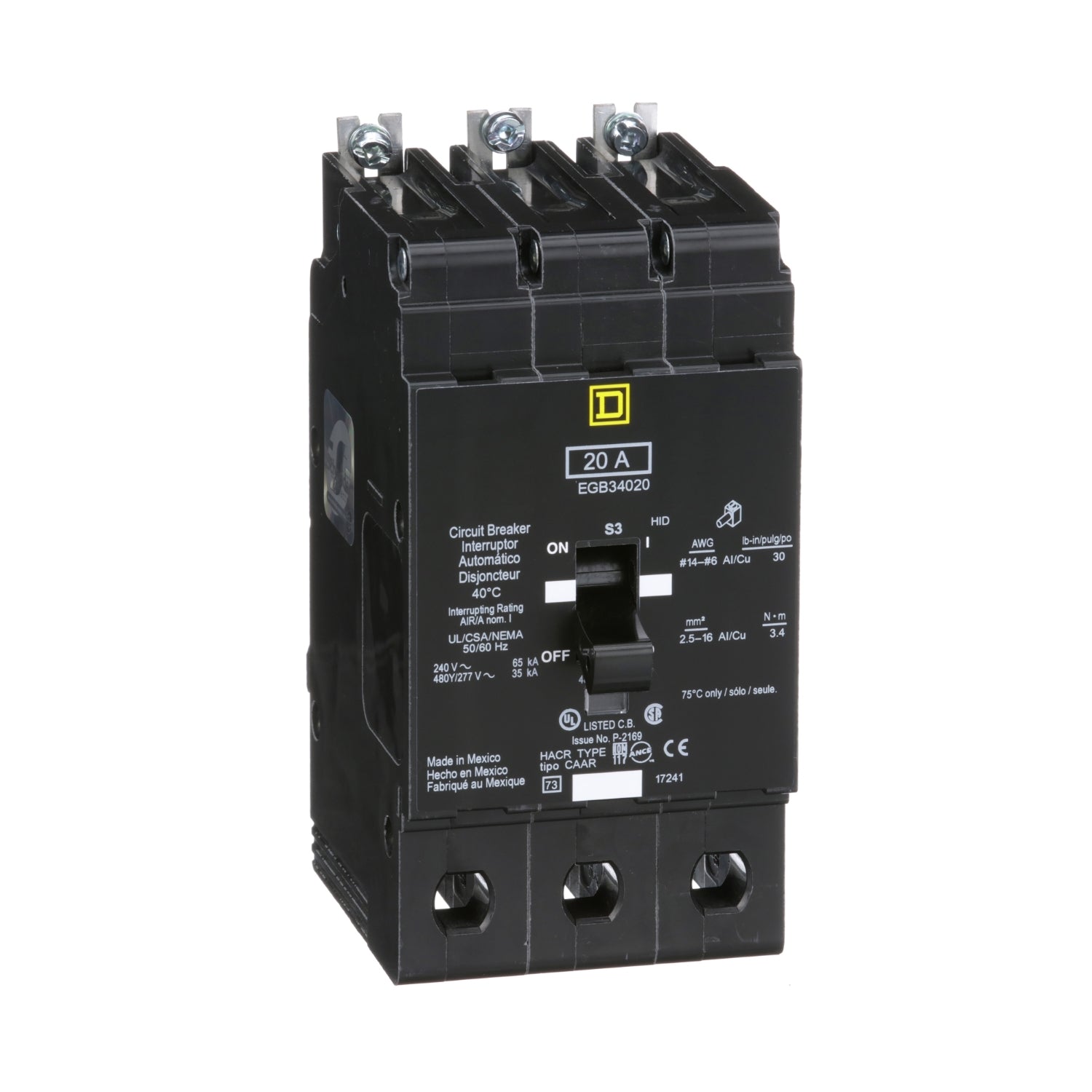 EGB34020LH - Square D Bolt-On 480V 20A 3 pole circuit breaker - Essential Electric Supply