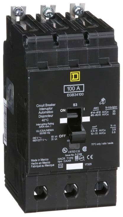 EGB34100 - Schneider Electric/ Square D Bolt-On 100 Amp 3 Pole Circuit Breaker - Essential Electric Supply