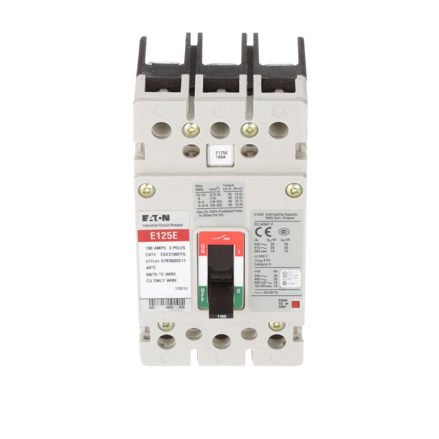 Cutler Hammer EGE3100FFG Molded Case Circuit Breaker | 600V 100A 3P 25kA@480V Bolt-On Series G