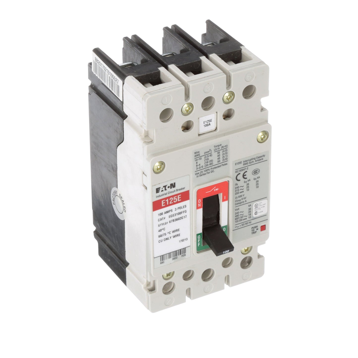 Cutler Hammer EGE3100FFG Molded Case Circuit Breaker | 600V 100A 3P 25kA@480V Bolt-On Series G